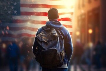 A blurry USA flag and a student with a backpack, a USA university student, a student going to a USA university