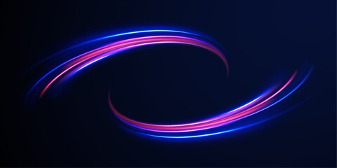 Speed light streaks vector background with blurred fast moving light effect, blue purple colors on black. Neon line as speed or arc, turn, twist, bend in light effect. 