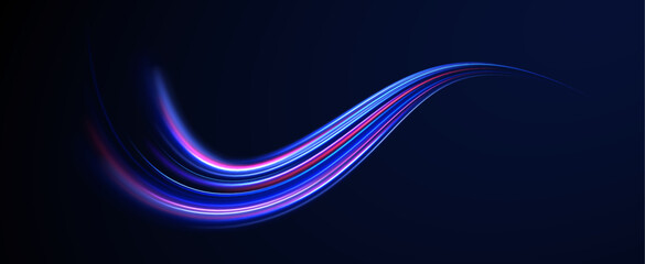 Car motion trails. Speed line motion vector background. Dynamic blue neon sport texture. Colored shiny sparks of spiral wave. 