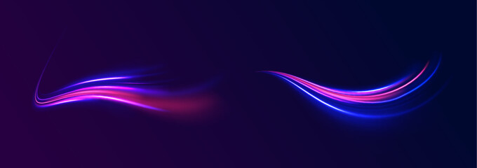  Light arc in neon colors, in the form of a turn and a zigzag.  Big set of light neon lines in the form of swirl and spirals.  Vector glitter light fire flare trace.