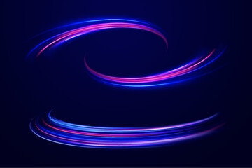A set of light lines in the form of swirls and waves. light road in the form of a swirl, neon color. Speed line with sports cars. 