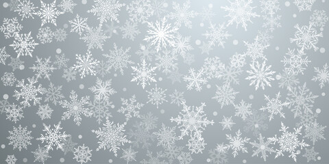 Christmas background of beautiful complex snowflakes in gray colors. Winter illustration with falling snow