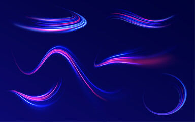 Expressway in long delay, with car lights at night on autobahn. Vector glitter light fire flare trace. Light arc in neon colors, in the form of a turn and a zigzag. 