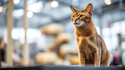 A pedigreed purebred Abyssinian cat at an exhibition of purebred cats. Cat show. Animal exhibition. Competition for the most purebred cat. Winner, first place, main prize.