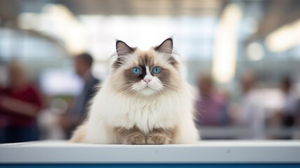 A pedigreed purebred Ragdoll cat at an exhibition of purebred cats. Cat show. Animal exhibition. Competition for the most purebred cat. Winner, first place, main prize.