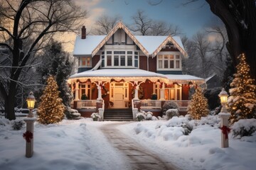 House decorated with garland lights for the holidays. Merry christmas and happy new year concept.