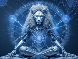 Fototapeta na wymiar Silver Mine cyborg meditating lion