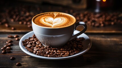 A cup of espresso coffee in the shape of a heart on a rustic cafe background