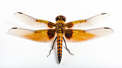 A close-up isolated shot of a dragonfly on a white background