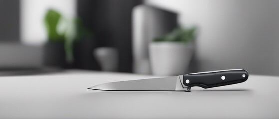 Close-up of a kitchen knife on a white table surface