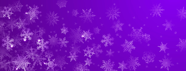 Naklejka na ściany i meble Christmas background of beautiful complex big and small snowflakes in purple colors. Winter illustration with falling snow