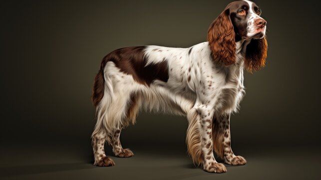 A pedigreed purebred English springer spaniel at an exhibition of purebred dogs. Dog show. Animal exhibition. Competition for the most purebred dog. Winner, first place, main prize.