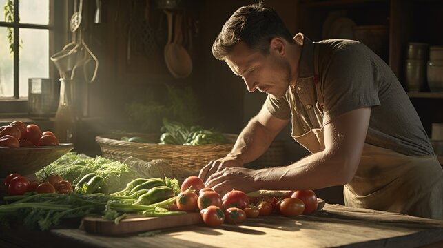 A skilled Farmer homesteader sorts freshly harvested vegetables and greenery in a rustic kitchen. The vegetables are spread out on a wooden table. Farming, agriculture, organic eco food