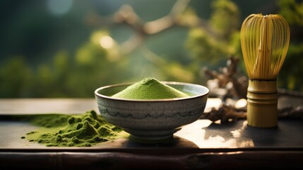 Traditional japanese matcha. Raw green organic matcha powder for brewing tea. A healthy, aromatic drink for long-livers. A bowl of matcha and a whisk on a tray. Place for text