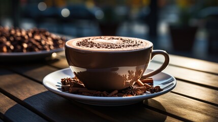 A cup of hot chocolate drink on a wooden table background. Top view