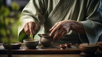 Traditional japanese tea ceremony. The hands of a tea master sprinkle matcha green tea into a cup to prepare a fragrant, healthy drink. Japanese culture and traditions - obrazy, fototapety, plakaty