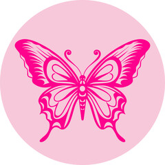 Pink butterfly mascot silhouette in a circle. Flat vector illustration.