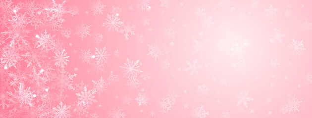 Christmas background of beautiful complex big and small snowflakes in pink colors. Winter illustration with falling snow