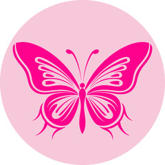 Pink butterfly mascot silhouette in a circle. Flat vector illustration.