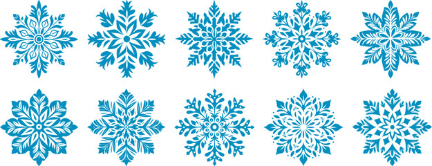 Beautiful winter snowflake silhouettes collection. Geometric and floral motifs. Vector illustration set.