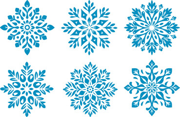 Beautiful winter snowflake silhouettes collection. Geometric and floral motifs. Vector illustration set.