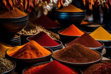 a bustling scene at an autumn spice market with colorful mounds of spices, dried herbs, and fragrant teas - AI Generative - obrazy, fototapety, plakaty