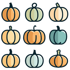 set of Pumpkins, minimalist, squash flat color icon for apps and websites
