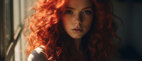Mujer con pelo rojo rizado y ojos azules. IA Generativa - obrazy, fototapety, plakaty