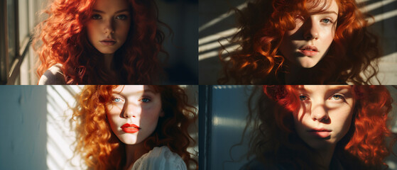 Mujer con pelo rojo rizado y ojos azules. Ia Generativa