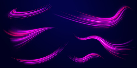 Abstract energy in the form of stripe, arc, curl and zigzag in neon colors with light effect. Acceleration speed motion on night road. Bright sparkling background.
