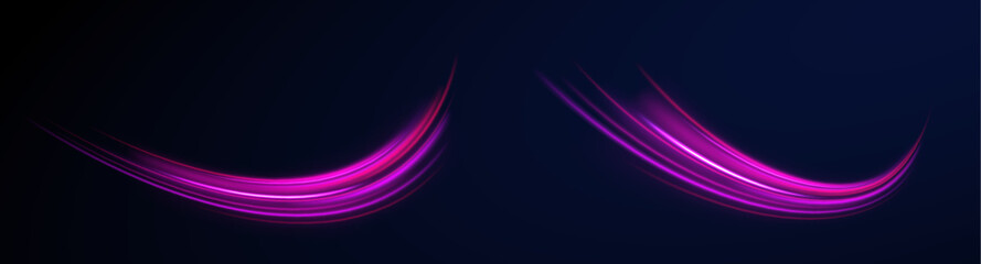 Expressway in long delay, with car lights at night on autobahn. Vector glitter light fire flare trace. Power energy.  LED glare tape. Futuristic dynamic motion technology.	