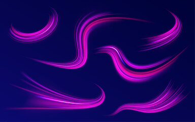 Neon stripes in the form of drill, turns and swirl.   Speed of light concept background.  Car motion trails. Speed line motion vector background.