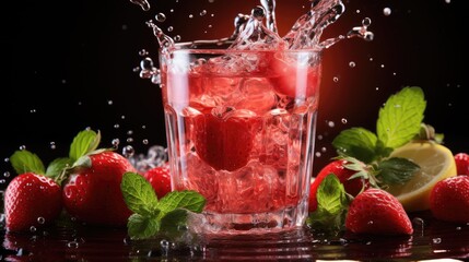 A glass of strawberry juice with a splash coming out of the glass on a white background
