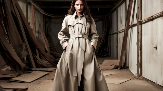 She models a belted military-style trench coat in heavyweight fabric.