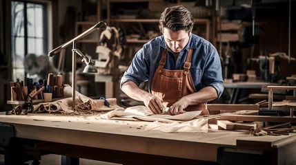 Foto op Plexiglas A man works in a woodshop wearing duck canvas overalls. © Exuberation 