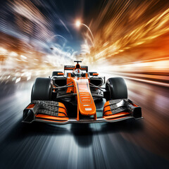 A racing car passes the track, with motion blur background