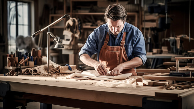 A man works in a woodshop wearing duck canvas overalls.