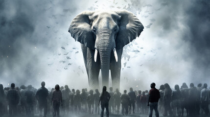 A colossal elephant making its way towards the crowd. Amassive elephant enters the midst of people. - obrazy, fototapety, plakaty