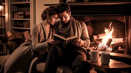 Obraz premium He and she snuggle up to read a book in the warmth of a cozy fireplace.
