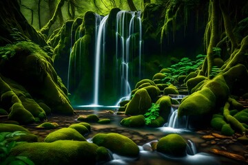 a serene and idyllic waterfall, concealed within the heart of a verdant, mossy ravine - AI Generative - obrazy, fototapety, plakaty
