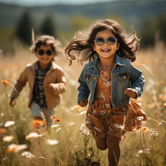 Tuinposter Two Caucasian children running happily through the field with sunglasses on a sunny day. © Pepe Quilez