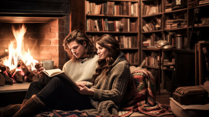Fototapeta na wymiar The couple enjoyed a cozy night in, cuddled up together in an oversized knit while reading by the fireplace.