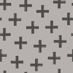 Bold brush drawn irregular pluses pattern. Seamless abstract geometric grunge background. Trendy modern contemporary design on grey
