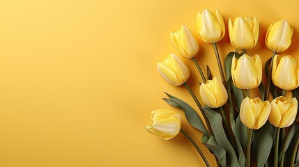 tulips on yellow background, copy space 