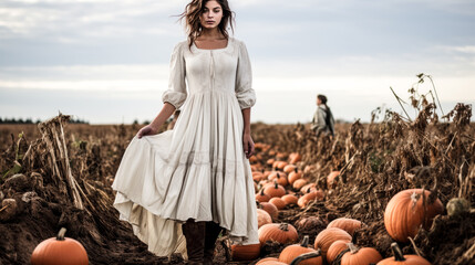 She stands gracefully in a cotton prairie dress, her hair flowing with the breeze.