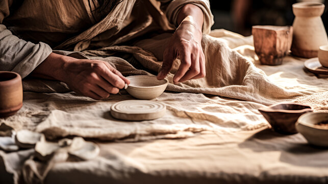 He creates pottery with graceful movements, dressed in a linen apron.