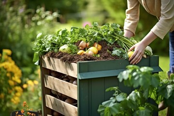 Kitchen waste recycling in composter for Eco-Friendly Gardening and Recycling, Woman composting food waste. Outdoor compost bin for reducing kitchen waste