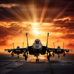 Silhouette of jet fighters at sunset