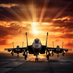 Fototapeta premium Silhouette of jet fighters at sunset