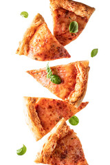Pizza margherita with basil leaves in levitation isolated transparent png